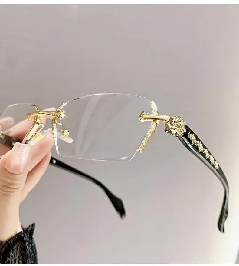 Luxury Frameless Transparent Reading Glasses with Diamond Cut Edges & Stylish Metal Temple Decorations for Reading Computer Games & High-Definition Street Style Visuals - Clear, Daily(Transparent lenses without graduation numbers)