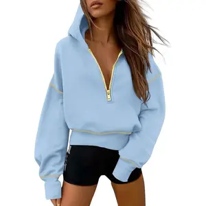 Women's Hooded Sweatshirts Long Sleeve Half Zip Cropped Hoodie Pullover Gold Zipper With Stitching Detail Winter Fashion Clothes