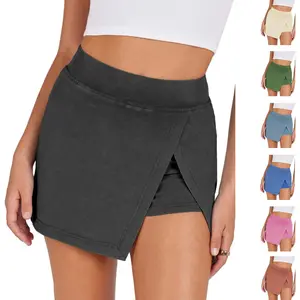 Tanming Washed Mini Skorts for Women High Waist Split Hem Casual Fitted Athletic Bodycon Skort Mini Skirts with Shorts Cotton Spandex Fabric Comfortable for Summer Active Wear Stretchy Elastic Waist Design #SpringStatements