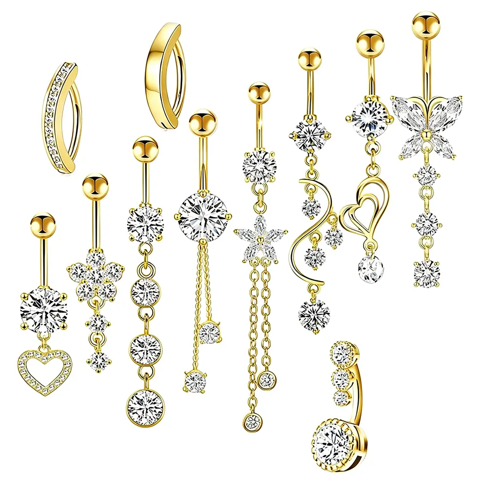 11 Pcs Dangle Belly Button Ring - Hypoallergenic Surgical Steel Belly Rings for Women 14G Navel Button Piercing CZ Flower Heart Curved Navel Piercing Jewelry
