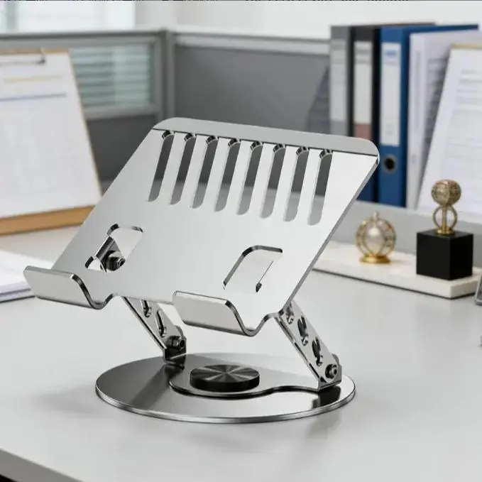 360° Rotation Metal Book Stand, Stainless Steel Compact Adjustable Foldable Ventilated Holder for Desks, Tablets, Cookbooks, Home or Office Use, Comfortable, Stylish