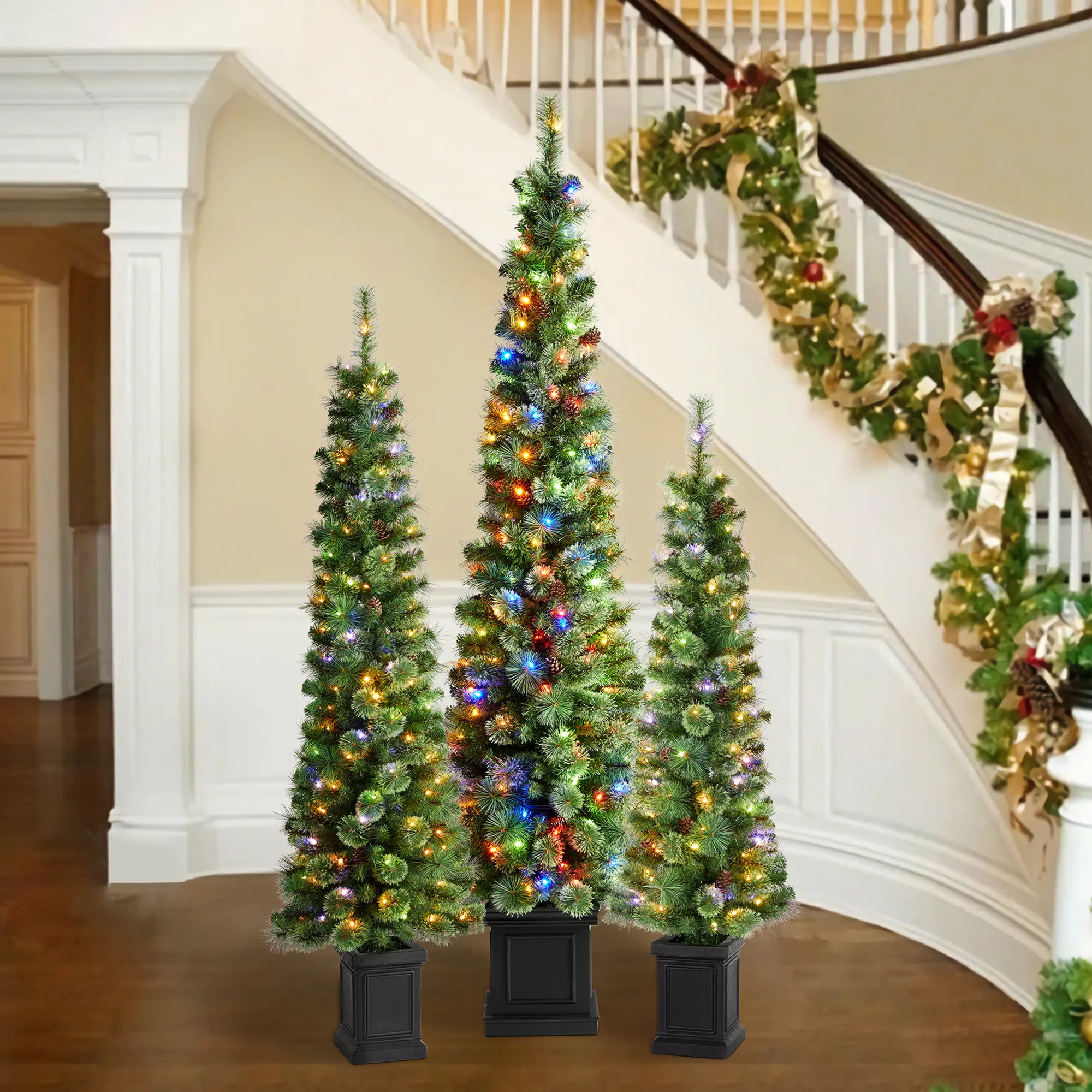 【Christmas in July】 Glitzhome 5ft/6ft/7ft Green Cashmere Pine Christmas Porch Tree With pinecones, 90/130/200 Warm White/Multi-color Lights, 9 Function w/Remote control