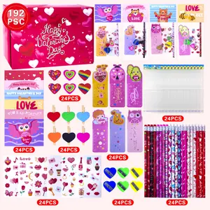 192pcs Valentines Day Gifts for Kids Classroom School Stationery Set - Valentine Pencils Notepads Rulers Erasers Valentines Treat Bags Gift Bags Party Favors for Kids
