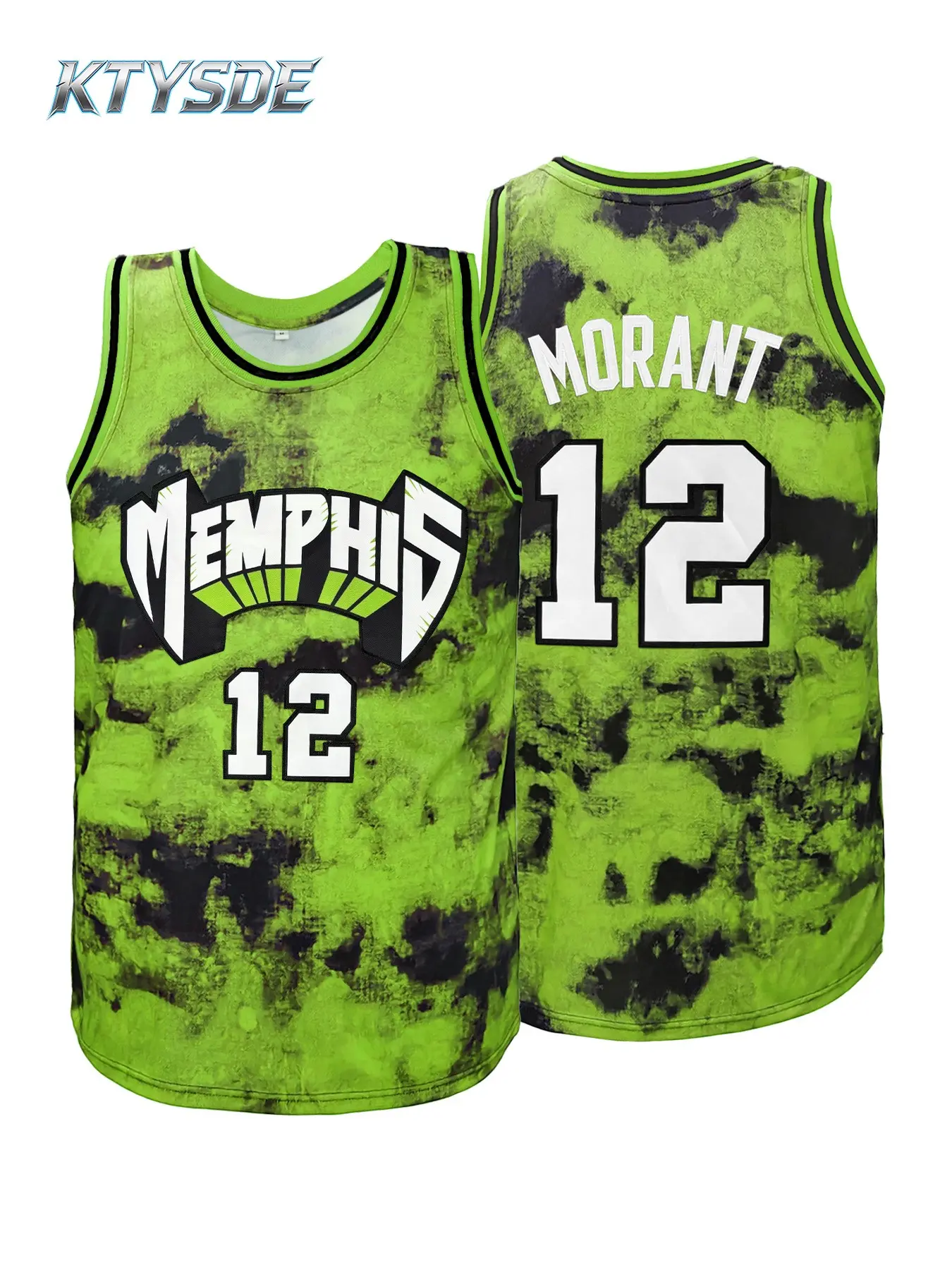 KTYSDE #12 Morant Memphis Tie-Dye Basketball Jersey, Men's Neon Green Embroidered Sleeveless Fan Shirt, Sports Jersey, Casual Sports Jersey