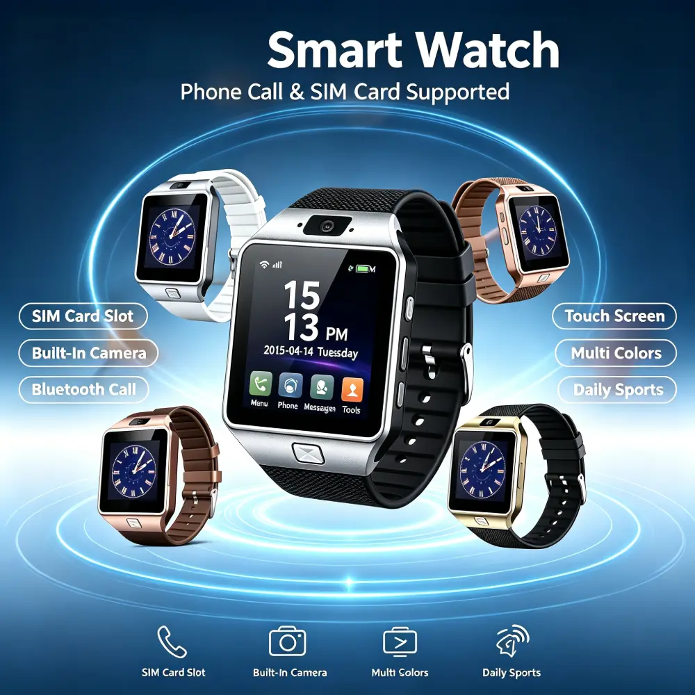 Touch Screen Smart Watch with Camera, Multi-Language, SIM Card Support, Steel Build, USB Charging - Wristwatch Device Compatible with iOS and Android Phones