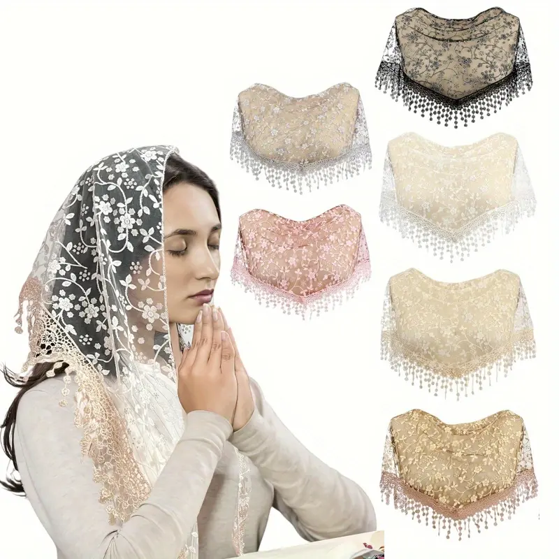 Women's 6-Pack Triangle Lace Veils - Church Mass Chapel Mantilla Head Coverings, Floral Tulle Scarves for Catholic Use