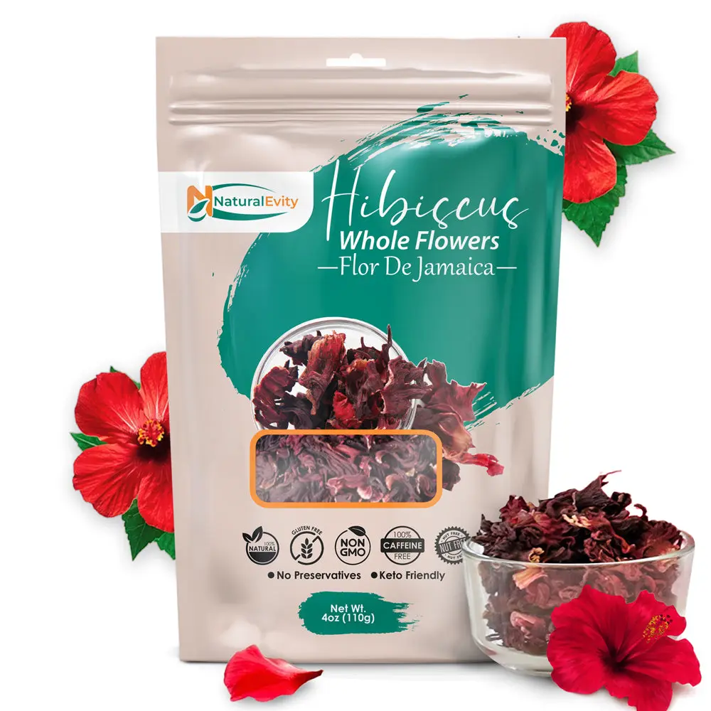 NaturalEvity Caffeine-Free Tart Hibiscus Whole Flowers Herbal Tea - Ginger-Blended Loose Leaf Beverage with Jamaica Flavor for Pantry Use & Concentrates Making
