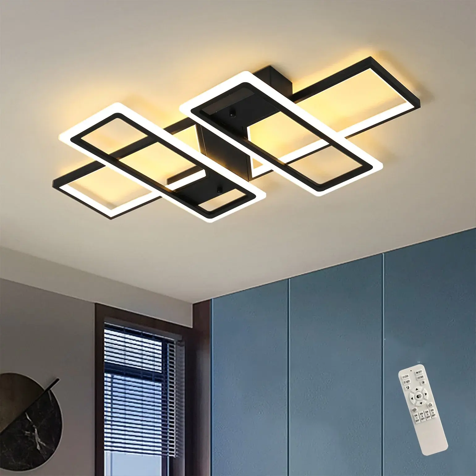 Garwarm Modern LED Ceiling Light Black Flush Mount Ceiling Lights 80W Dimmable LED Chandelier with Remote Kitchen Light Fixture Ceiling 35" Square Acrylic LED Ceiling Lamp for Dining Room Living Room