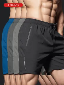 4pcs Men's Quick-Dry Swim Trunks with Zipper Pockets & Reflective Strips - Ice Cool Instant Cooling Fabric, Elastic Waistband, Drawstring, Perfect for Beach & Outdoor Activities  Active Swimwear | Quickdry Trunks | Polyester Elastane Blend
