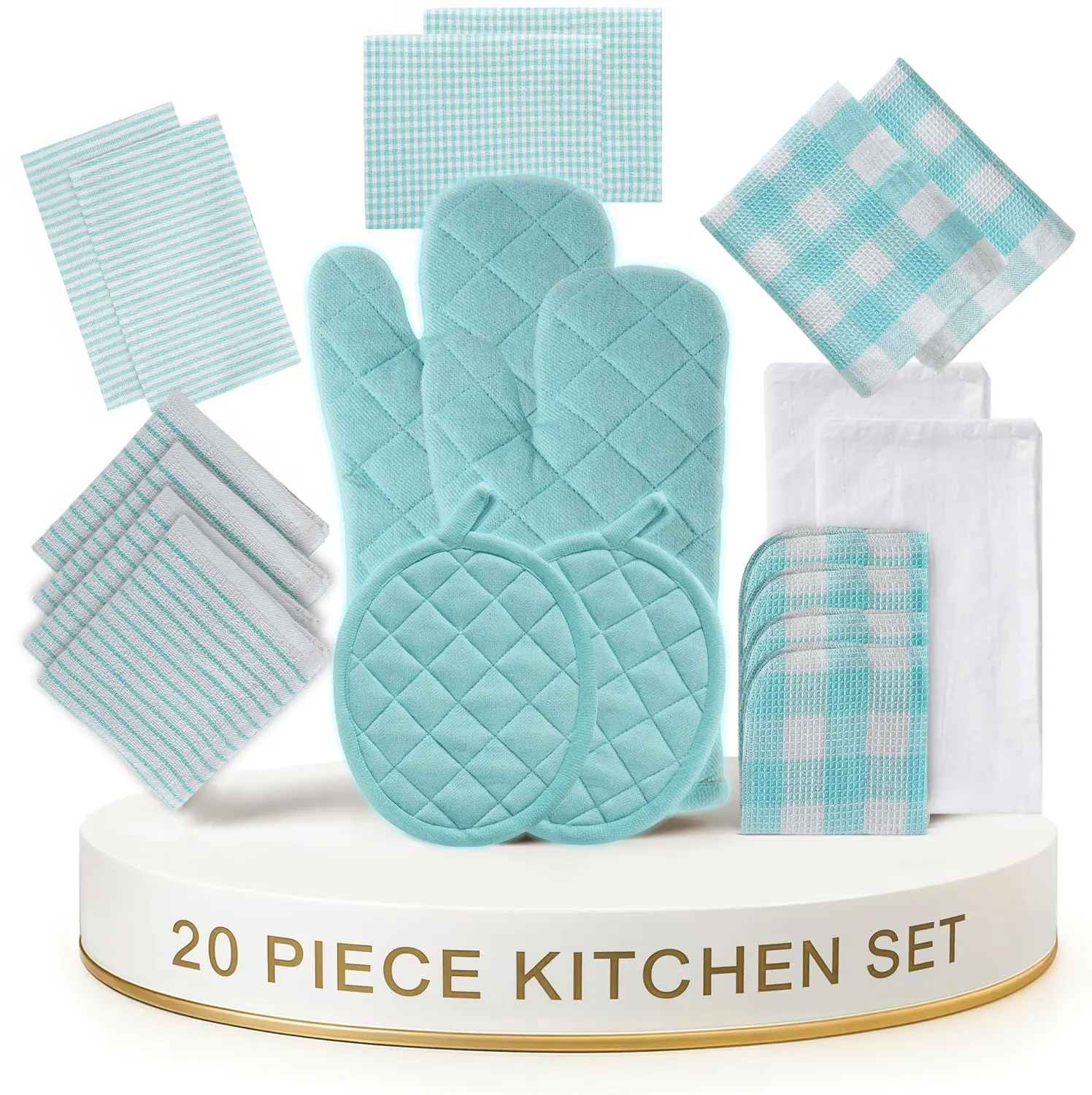 LANE LINEN Kitchen Towels and Dishcloths Set - 20 Piece Absorbent Cotton Dish Towels for Drying Dishes, Quick Dry Terry Cloths, Flour Sack Tea Towels, Heat Resistant Oven Mitts & Pot Holders