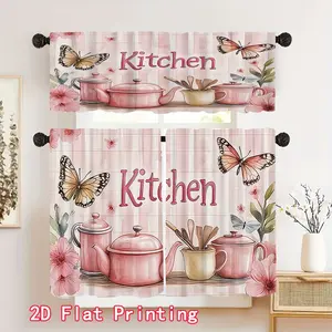JOYFINITY [Kitchen Curtain Sets] 2D Flat, 3pcs/Set 2D Flat Printing Kitchen Curtain Sets, 2D Tableware "Kitchen" Letter Pattern Print Curtain Set, Rod Pocket Valance Curtain Tier, Window for Kitchen Cafe Living, Home Decor, 2D Flat