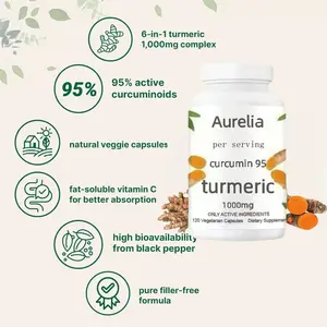 1Aurelia Turmeric Capsule 1000mg Complex with 95% Active Curcuminoids & Vitamin C for Better Absorption Pure Filler-Free Formula