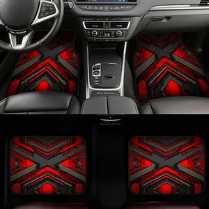 4pcs Car Floor Mats adorned with Crimson Geometric Interlock Design for Pickup Trucks or Minivans, providing Easy Maintenance surfaces and Car Owner Gift possibilities, while also fitting Business Use and Fun Car Accessory.