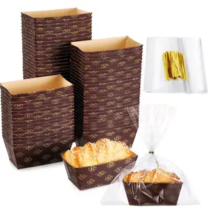 100 Pcs Mini Disposable Paper Loaf Pan with Clear Plastic Bread Bags, 3.1 x 1.5 x 1.7 Inch