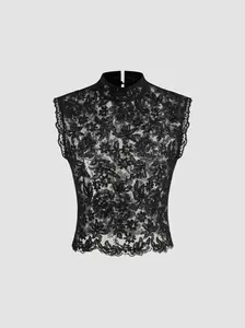Lace Mandarin Collar Floral See-through Tank Top