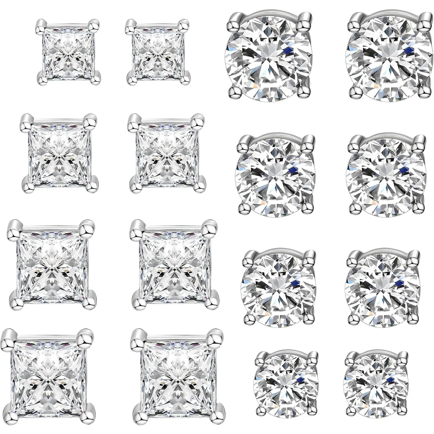 8 Pairs High Quality Magnetic Stainless Steel Non-Piercing CZ Stud Earrings for Men, 5-8mm Round & Square Shapes, Comfortable Fit, Classic Minimalist Gift Jewellery, Magnetic Earrings, High Quality Earrings