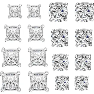8 Pairs High Quality Magnetic Stainless Steel Non-Piercing CZ Stud Earrings for Men, 5-8mm Round & Square Shapes, Comfortable Fit, Classic Minimalist Gift Jewellery, Magnetic Earrings, High Quality Earrings