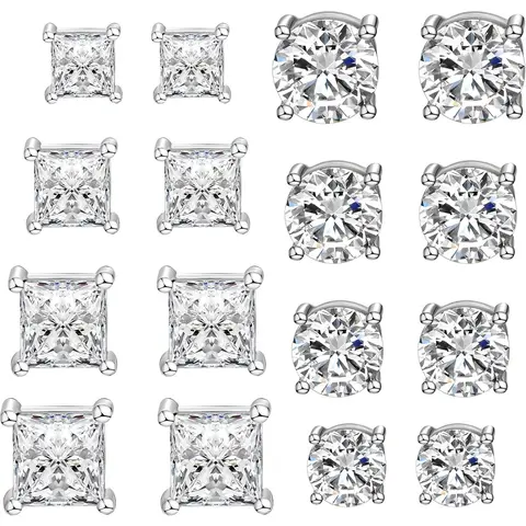 8 Pairs Magnetic Stud Earrings for Men, Stainless Steel Non-Piercing CZ Earrings, 5-8mm Round & Square Cubic Zirconia Magnetic Earrings Set