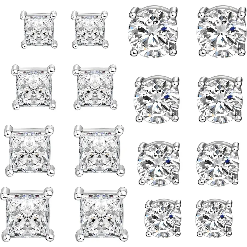8 Pairs Magnetic Stud Earrings for Men, Stainless Steel Non-Piercing CZ Earrings, 5-8mm Round & Square Cubic Zirconia Magnetic Earrings Set