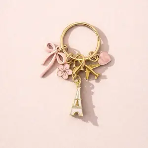 Charm Keychain- Paris Eiffel Tower Pink Bow Flower Heart Gold Plane