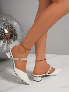 Women's Rhinestone Pointed Toe Sandals, Detachable Strap Mules, Elegant PU Leather High Heel Slippers, Versatile Office Wear Shoes, Footwear