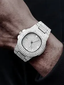 Shiny Rhinestone Quartz Watch, Fashion Hip Hop Punk Style, Silver Color, Unisex Birthday Party Jewelry Gift, Rhinestone Watches, Rhinestone Wrist Watch