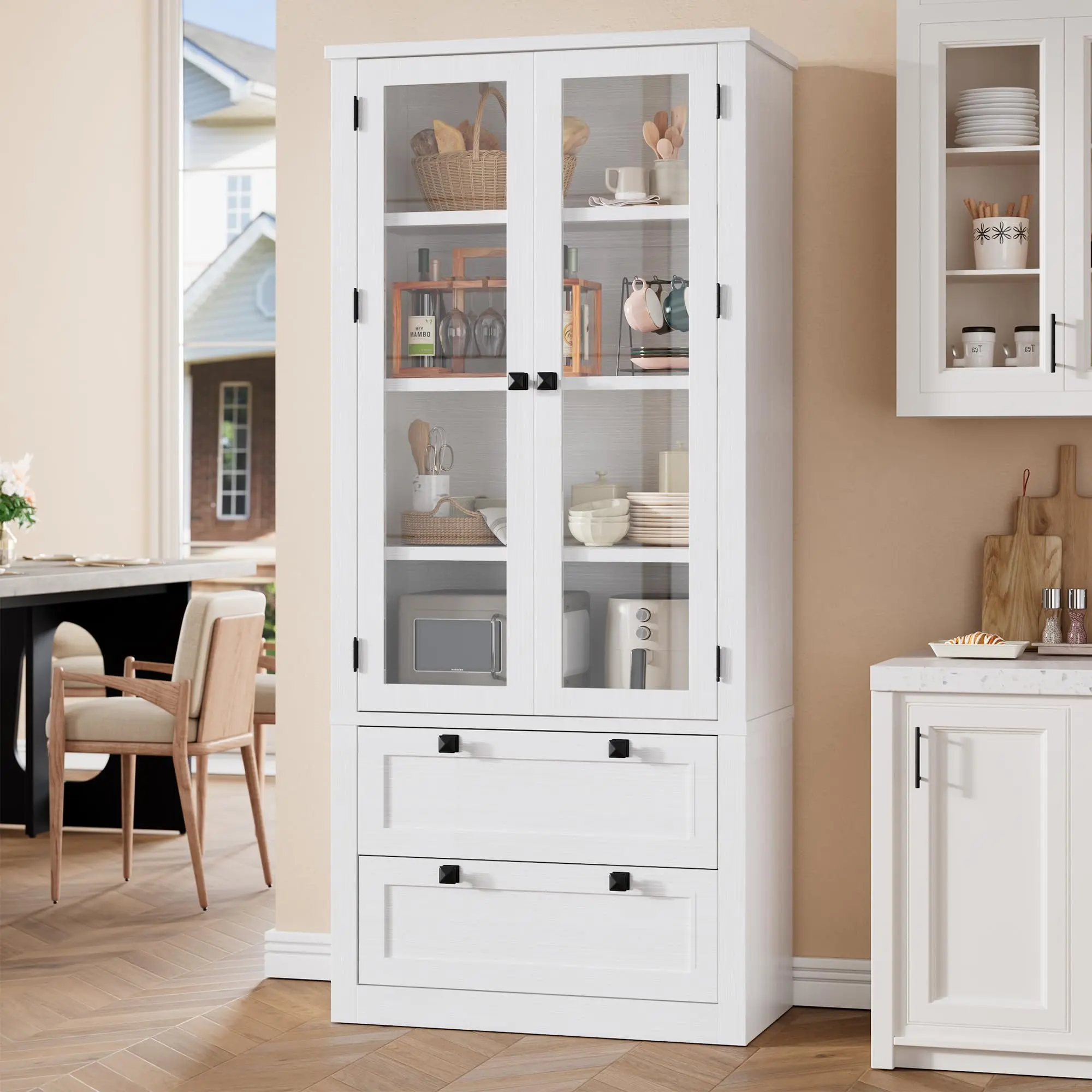 Garvee Sturdy Wood 71.9"H Kitchen Pantry Cabinet - 14.1"D x 31.5"W Modern Double-Glazed Glass Door Storage, 2 Large Drawers, Adjustable Shelves, Durable Farmhouse Cupboard for Kitchen, Dining Room