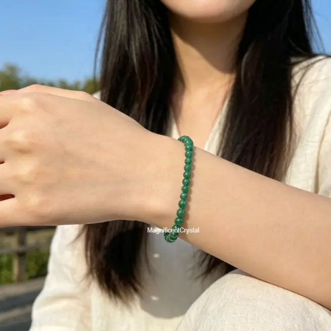 Premium 4mm Beads Natural Emerald Stretch Bracelet, Colored Gemstone Bracelets & Bangles for Adults, Dainty Healing Protection Jewelry for Abundance & Heart Chakra Activation