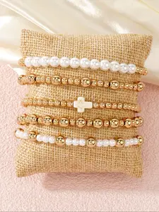 Faux Pearl Decorated Bracelet Set, Elegant Cross Design Beaded Bracelet for Women & Girls, Fashion Jewelry for Party, Daily Decor, Trendy All-match & Exquisite Jewelry for Birthday Gift