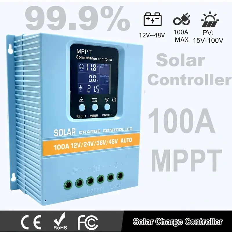 100A MPPT Solar Charge Controller 12V/24V/36V/48V Auto, LCD Display, Compatible with Lead-Acid, Lithium, LiFePO4 Batteries, for Off-Grid Solar, RV, Marine, Boat