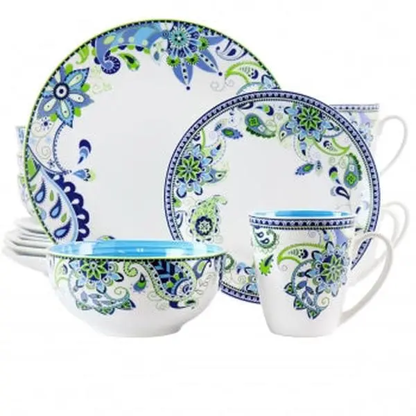 Elama 16-Piece Round Porcelain Dinnerware Set - Blue Fiesta Mandala Print, Round Shape Plates, BPA-Free, Microwave-Safe, Dishwasher-Safe, Everyday & Special Occasion Multi-Color Tableware