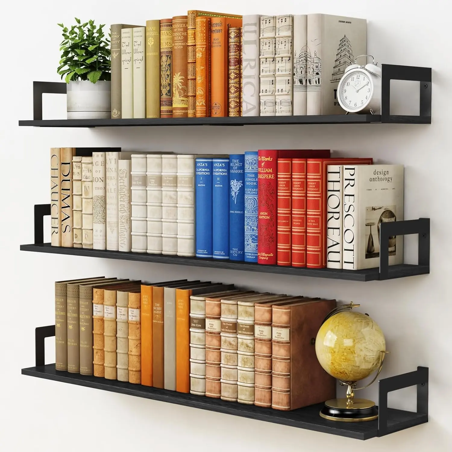 Black Wooden Decorative Large Floating Book Shelves (Set of 3, 36in), Heavy-Duty Wall-Mount Shelves with Easy Installation for Bedroom, Living Room - Includes Photo Box