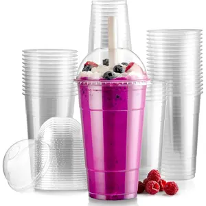 100 Pack 24 oz Disposable Plastic Coffee Cups with Dome Lids, To Go Iced Coffee Cups with Lids,  Clear Parfait Cups for Party, Smoothie, Bubble Boba, Juice, Milkshake