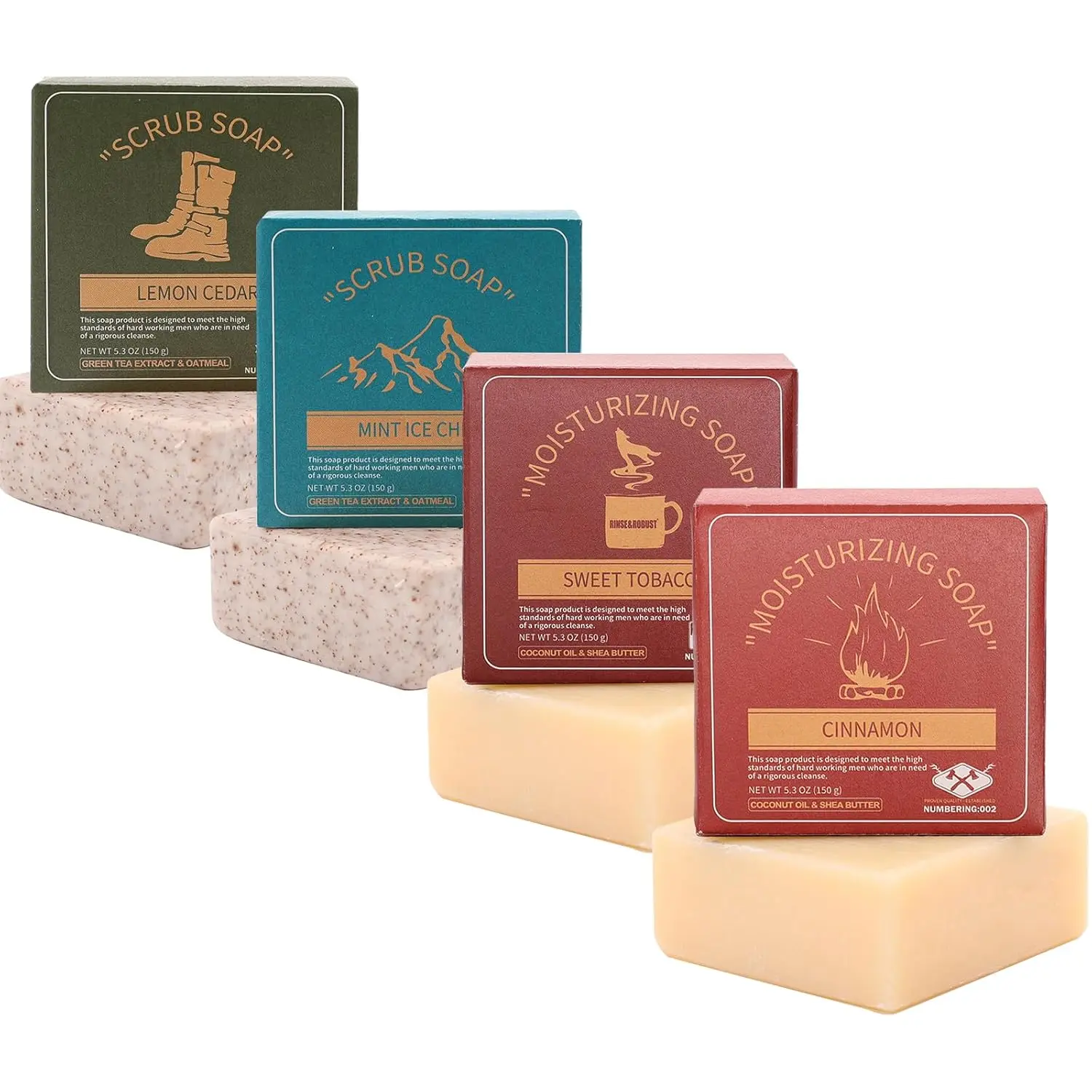 Rinse & Robust Men's Bar Soap Set 4Pcs Natural Soap Bar Set Cleansing Moisturizing Exfoliating Scrub for Face Body Hand Beard Wash 5.3 oz of 4 Bars Gift Set for BF Boyfriend Husband Men Him Father's Day Gift No Silicone Alcohol Sulfate Paraben - Cleanser