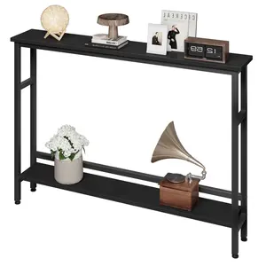 Modern Console Table, 5.9" Narrow Shape Slim Size 2-Tier Skinny Design with Adjustable Shelf, Slanted Bars, Slim Behind-Couch Piece for Living Room, Entryway