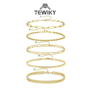 TEWIKY 5PCS Bracelets For Women Jewelry Sets For Women Cute Tennis Bracelets For Fashion Cuban Link Paperclip Chain Dainty Bracelet Pack Gifts For Women Girls trending  jewellery For Gift Trendy Stack Bangle Elegant Minimalist Bangle
