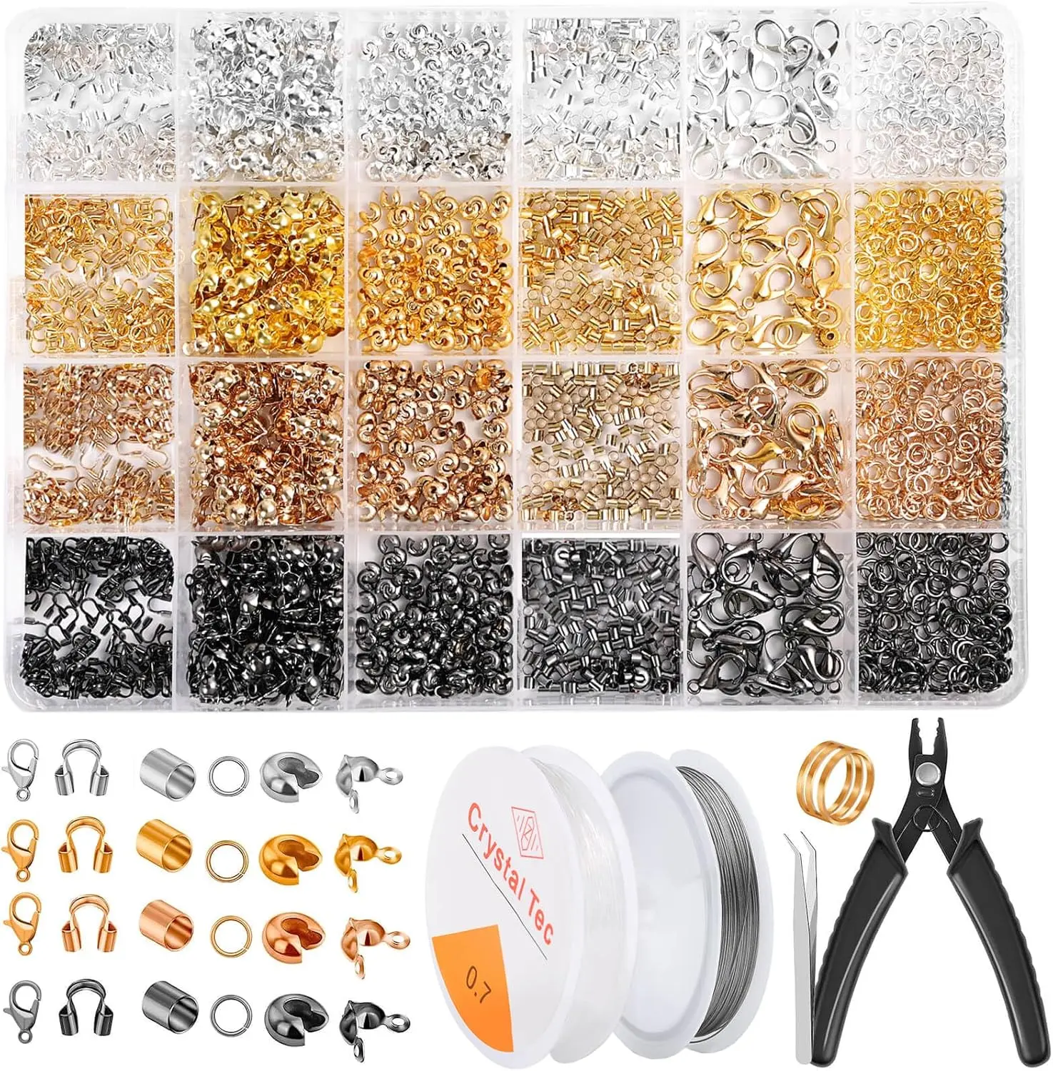 2160 count Crimp Beads Kit for  Making, Knot Covers, Crimp Bead Covers, Crimp Tubes, Jump Rings and Wire Guardians with Crimping Pliers, Elastic String for Bracelets Necklaces Making