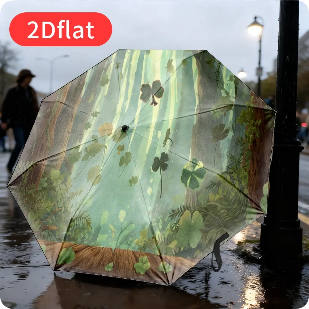 An Easter-themed folding umbrella featuring a fresh green leaf pattern with four-leaf clovers, lightweight and portable, perfect for outdoor use, with a durable canopy made of sturdy plastic and metal—a perfect holiday