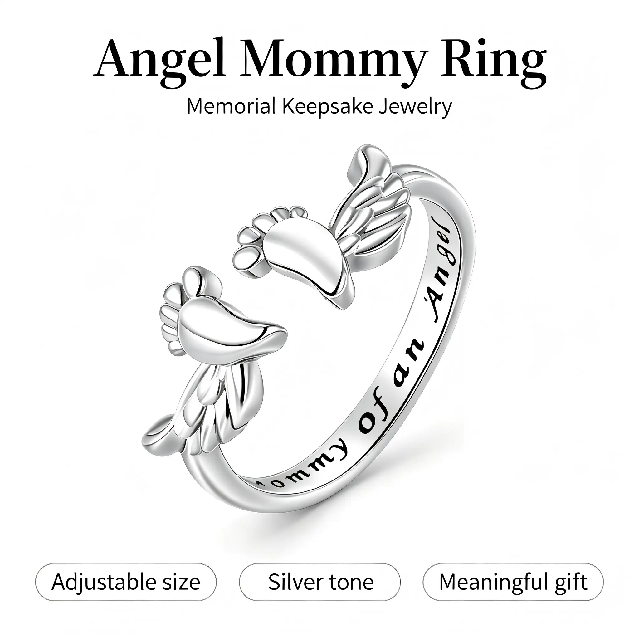 Polished Open Cuff Ring for Women with Angel Footprint & Wings, Silver-Tone Memorial Costume Jewelry, Adjustable Design, Mother’s Day Gift, Stainless Steel Jewelry, Anniversary Gift, Cuff Shape, Elegant, Mommy Of An Angel, Female, Pregnancy Loss Moms