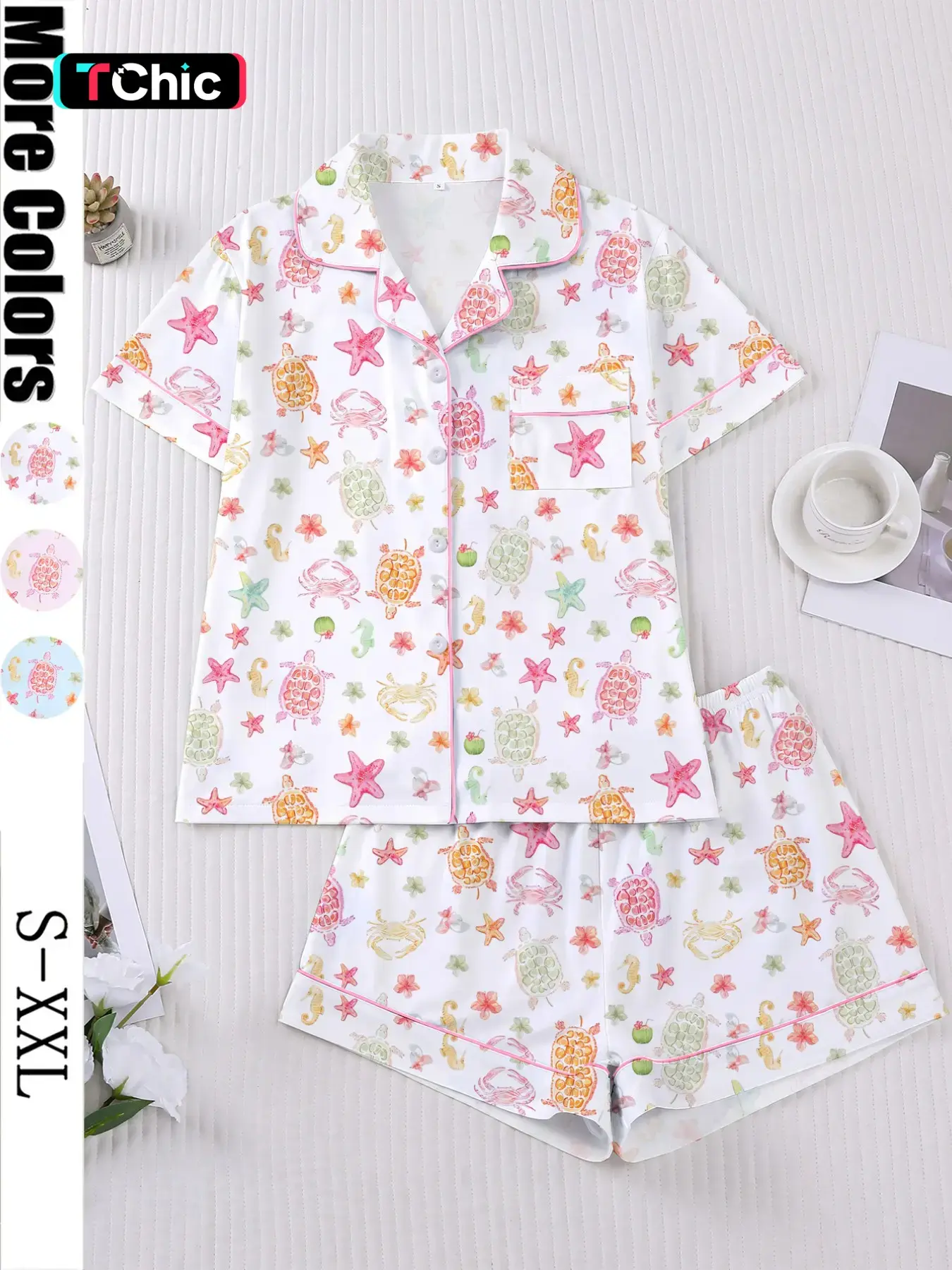 Women's 2-Piece Short Sleeve Sleepwear Set, Pajama Set, Homewear & Loungewear, Fun Oceanic Cartoon Print, Casual Nightwear, Comfortable Lapel Top & Wide Leg Shorts, Lounge Pjs Set