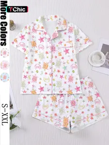 Women's 2-Piece Short Sleeve Sleepwear Set, Pajama Set, Homewear, Fun Oceanic Cartoon Print, Elegant Casual, Comfortable Lapel Top & Wide Leg Shorts
