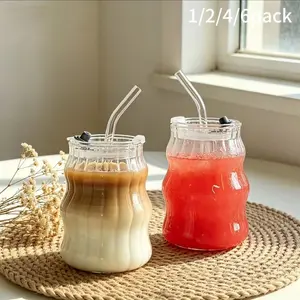 1/2/4/6 Pack 18oz Clear High Borosilicate Wave Bubble Glass Cup with Straw & Lid, Food Grade BPA Free Wide Mouth Tumbler, Drinkware, Durable Glass, Heat Resistant Glasses for Water Tea Coffee, Birthday Gift for Home Kitchen Dining Room Party Daily
