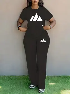 Women's Plus Size Spring Summer Fashion Print Round Neck Short Sleeve Fitted T-Shirt & Wide Leg Pants Two-Piece Set, Casual Pocket Design Womenswear