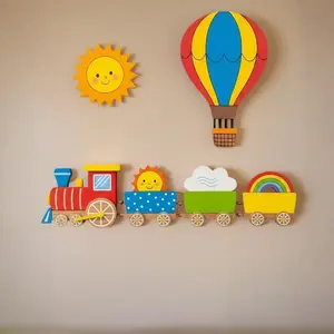 Wooden Self-Adhesive Wall Decals - Kids' Cartoon Train, Hot Air Balloon, Sun & Rainbow Wall Decor Home Decor Brimming with Childlike Joy Decorative Stickers Interior Stickers