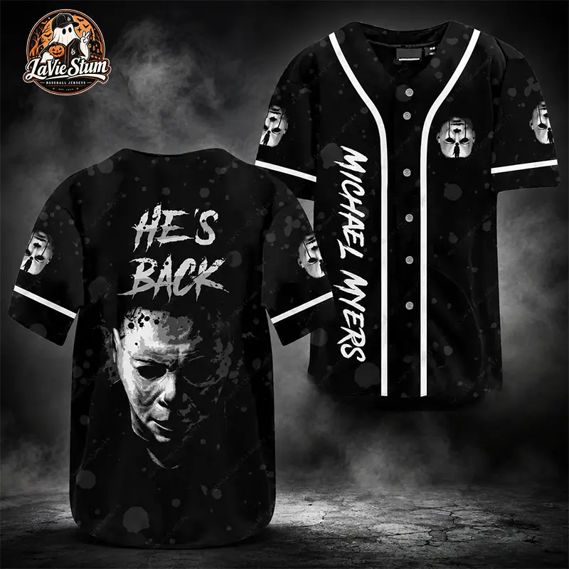 Vintage Horror Slasher Baseball Jersey He's Back Shirts with Full Embroidered Details - Spooky Season Graphic Movie Apparel
