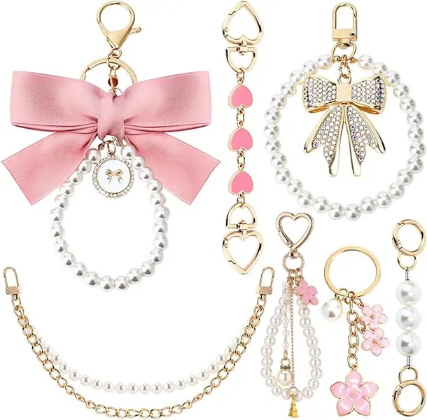 7pcs Fashion Bag Extender Chain, Faux Pearl Heart-Shaped Design, Cute Ribbon Bow Keychain, Purse Shoulder Bag Extender Strap, Women'S Handbag Additions, Wallet Making, Holiday Gifts, DIY Wallet Making