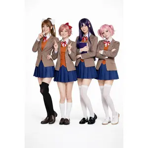 Doki Doki Literature Club Cosplay Costume for Monika Sayori Yuri Natsuki School Uniform Blazer Shirt Skirt with Ribbon Bow Socks Ideal for Halloween Events & Conventions - Outfit, Womenswear