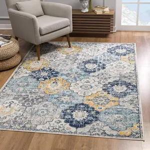 212 MAIN 2x5 ft. Modern Low Pile Rectangle Home Decor Rug, Blue, Distressed Weave, Floral Motif