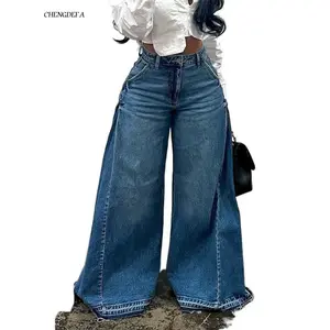 CHENGDEFA 2025 Spring Retro Style WideLeg Denim Flared Pants with Fringes jeans levant cola 100 colombianos