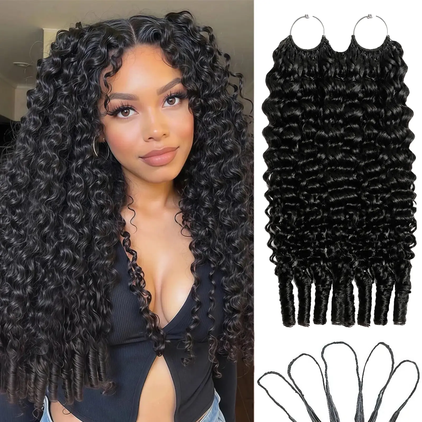 Burmese Curly Crochet Hair for Black Women  Pre-Separated Feather Crochet Human Hair Invisible Knotless Human Crochet Hair Reusable Lightweight Hair Extensions Natural Black;  Recommend 4 Packs For A Full Head.